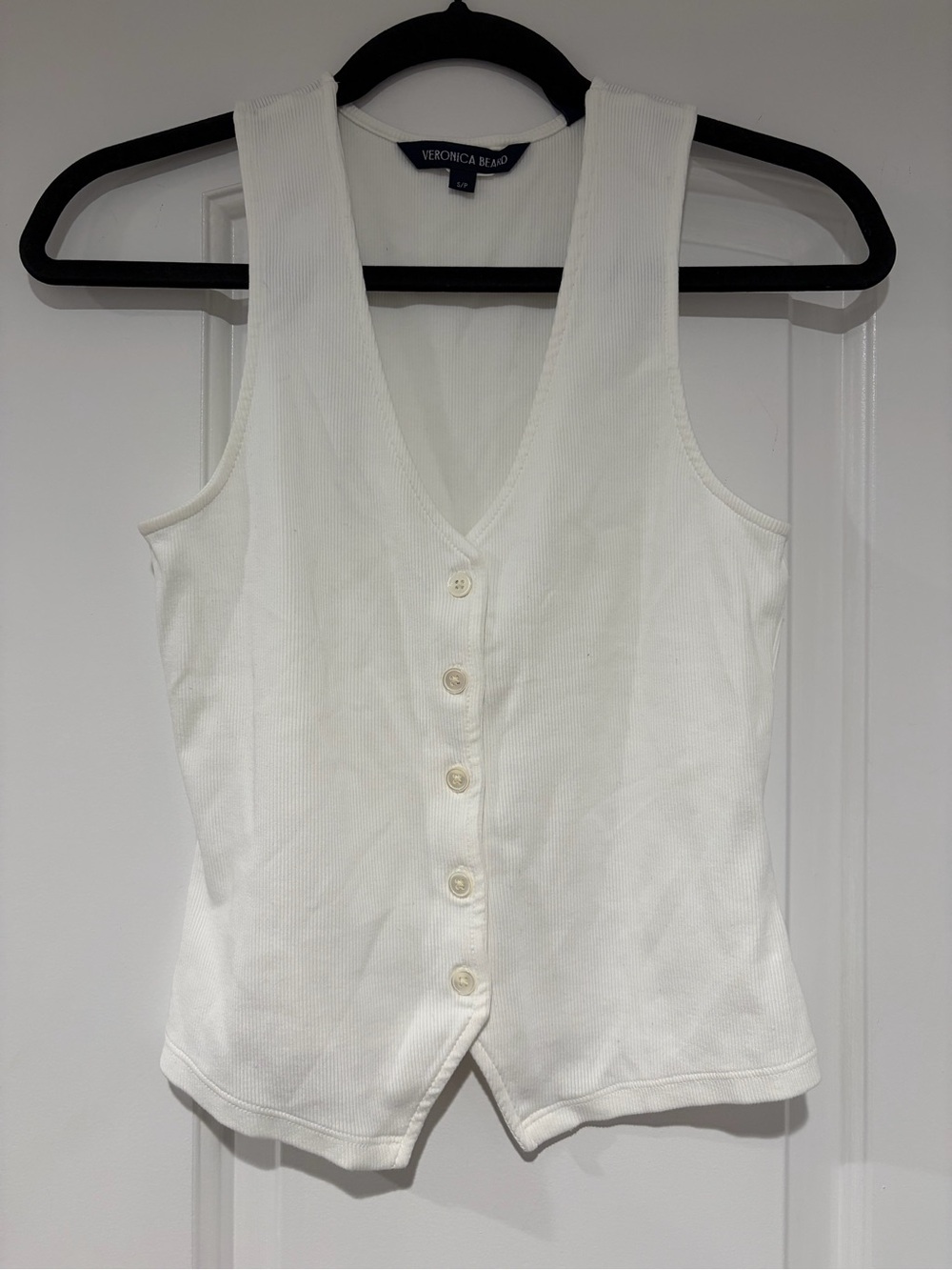 VERONICA BEARD Ribbed White Vest Sz S/P 5-button Closure Top Back 2 School Layer
